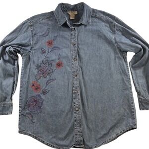 Out of the Blue J Jill Denim Oversized Shirt Womens XS Floral Embroidered Boho